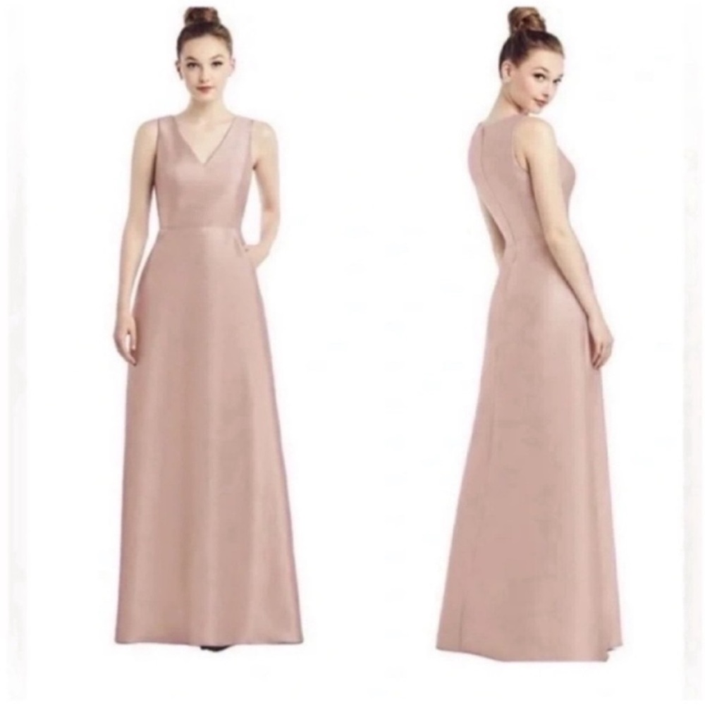 Alfred Sung Satin Twill Sleeveless V-Neck Dress Toasted Sugar Light Pink Size 10